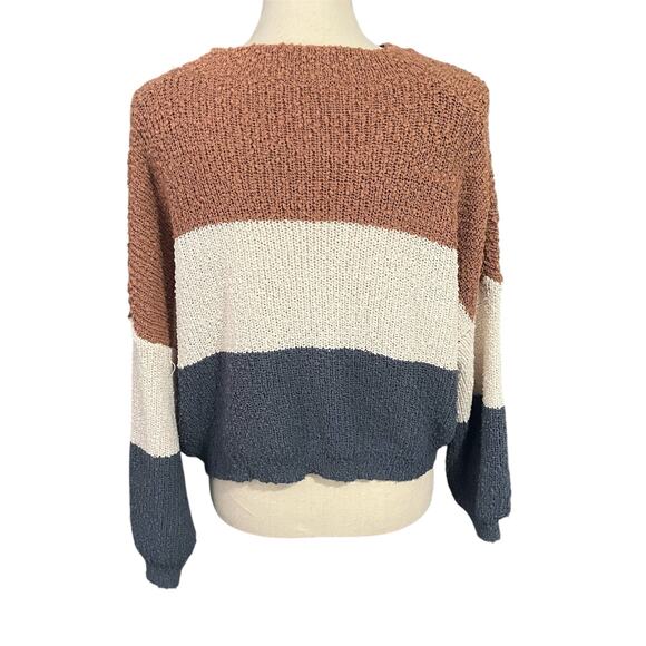 Debut | NWOT Women's Brown Cream Blue Wide Stripe Cropped Sweater Sz M - Picture 3 of 4